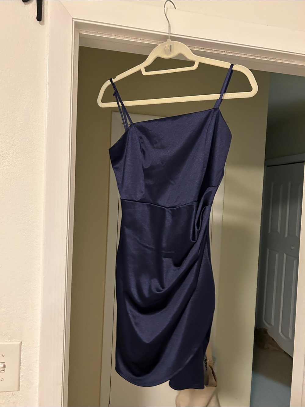 Emerald Sundae Navy Satin Mini Dress with Spaghetti Straps